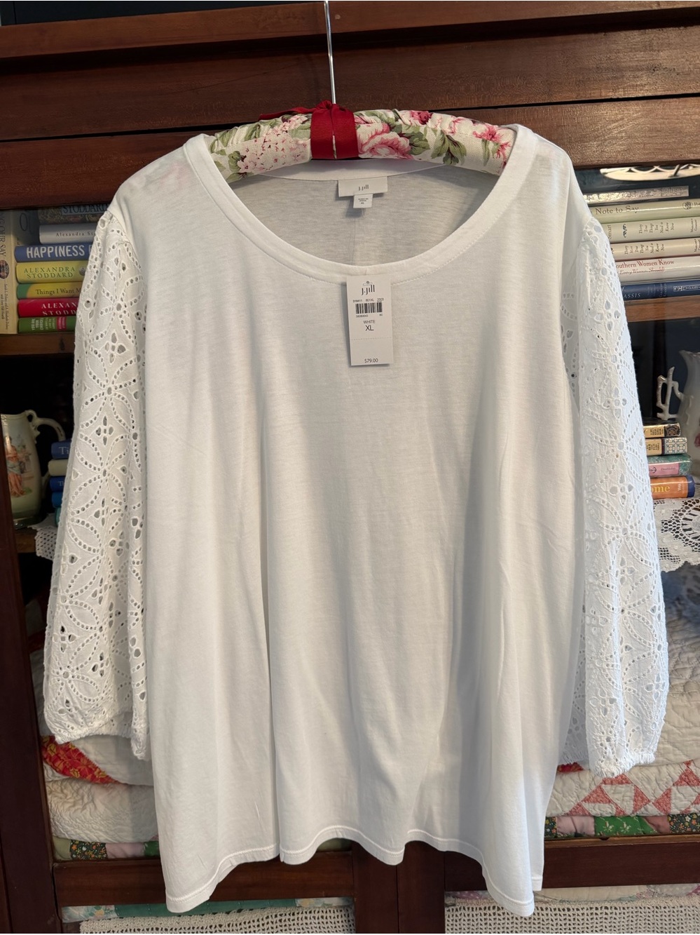 J.Jill White T Shirt Top w Eyelet Sleeves Sz XL New with Tags